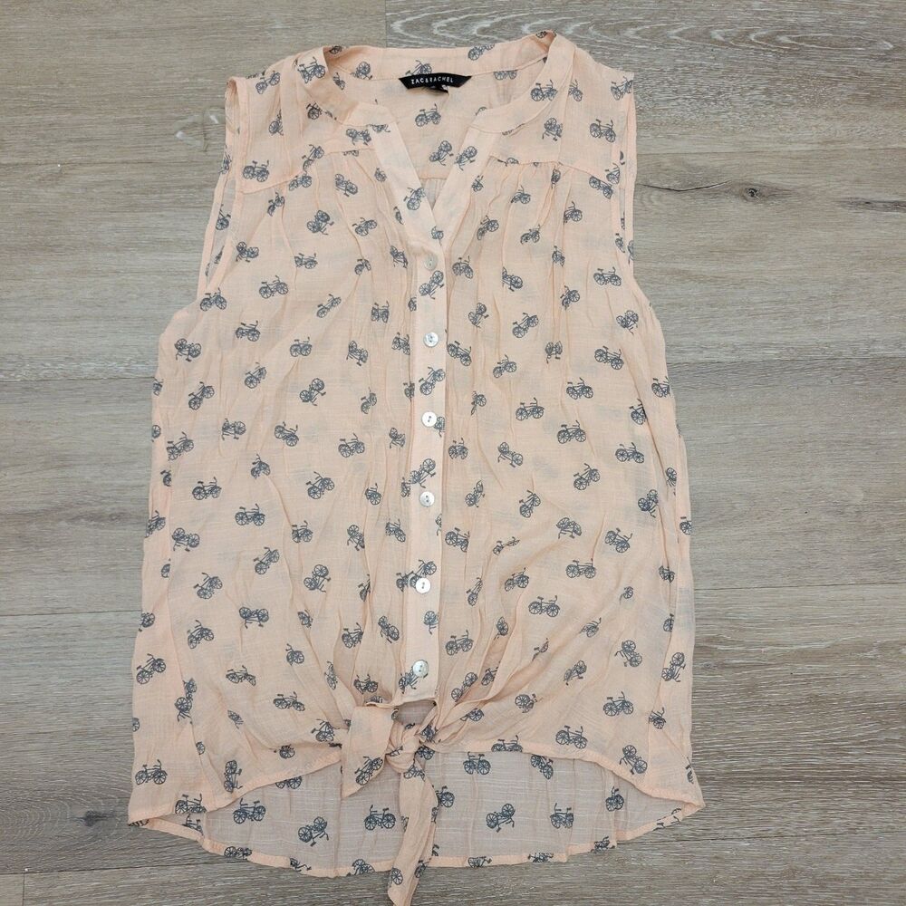 Zac & Rachel Semi Sheer button front Pink tank bicycle print Size M y2k 90's